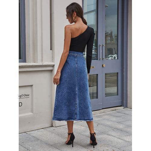 Ins Fashion Button Design Pocket Denim Long Women Skirts