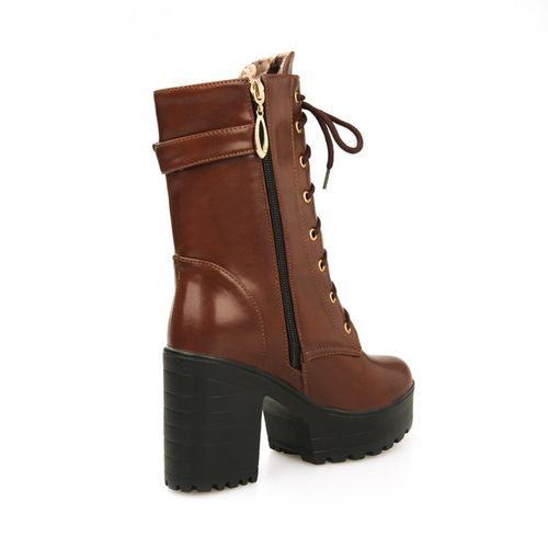 Women Lace Up Buckle High Heel Short Motorcycle Boots