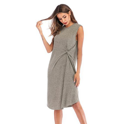 Solid Color Simple Twist Medium Length Skirt Pleated Irregular Vest Women Dresses