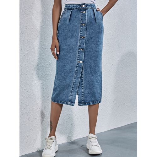 Ins Fashion High Waist Single Breasted Denim Long Women Skirts