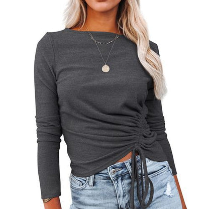 Womens Drawstring Solid Color Long Sleeve Sweater