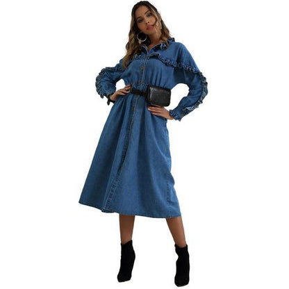 Fashion Winter Fall Flounce Long Sleeves Dip Hem Slit Long Denim Women's Dresses