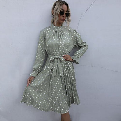 Women Lotus Leaf Sleeve Polka-dot Long Sleeved Dress