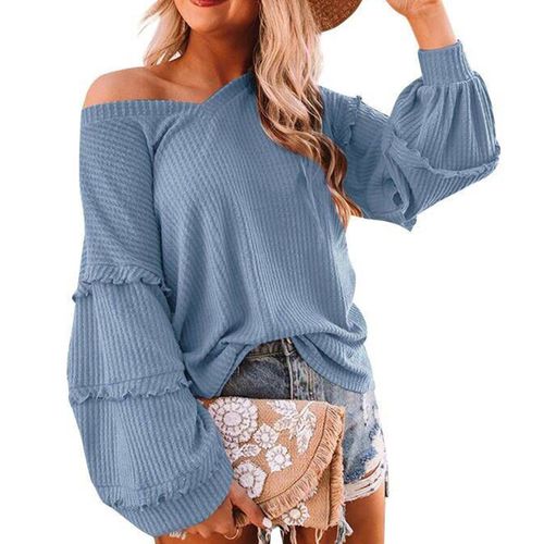 Womens Waffle Lantern Sleeve Ruffled V-neck T Shirt Long Sleeved Top