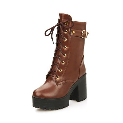 Women Lace Up Buckle High Heel Short Motorcycle Boots