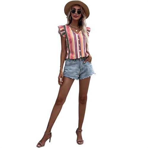 Womens V-neck Rainbow Stripe Top Shirt