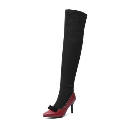 Women Pointed Toe Bow Tie High Heel Tall Boots