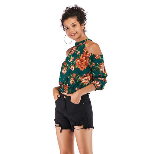 Sexy Off-the-shoulder Round Neck Spring Slim Print Jacket Women Chiffon Shirt Blouses