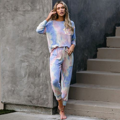 Womens Gradient Pajamas Tie-dye Long-sleeved Pullover Tops Trousers Home Two-piece Suit