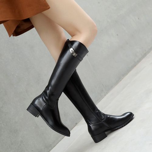 Women Pu Leather Low Heels Tall Motorcycle Boots