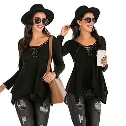 Sexy V-neck Casual  Spring Slim Tie Irregular Top Women T Shirts