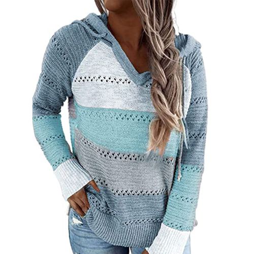 Women Long Sleeved  Hollow Out Contrast Color Knitted Sweater Hoodie