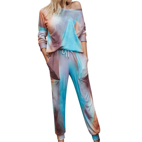 Womens Gradient Pajamas Tie-dye Long-sleeved Pullover Tops Trousers Home Two-piece Suit