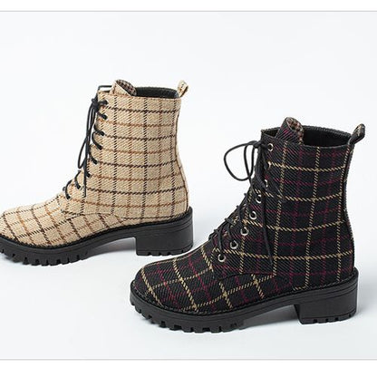 Women Lace Up Plaid Low Heels Short Boots