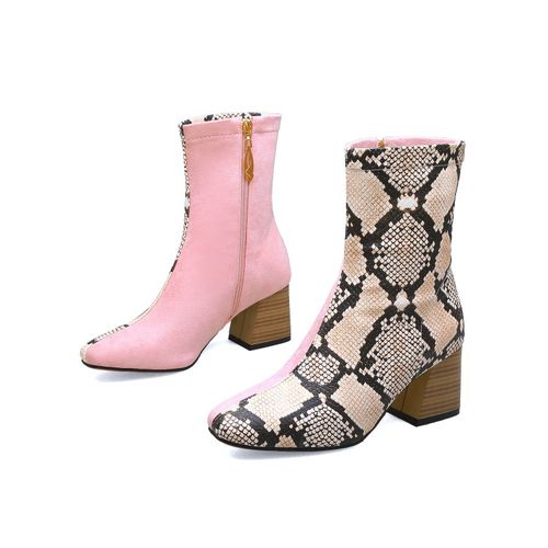 Pointed Toe Snkale-print Women High Heels Short Boots