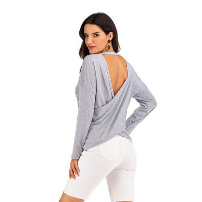 Solid Cross Sexy Open Back  Spring Casual Top Women T Shirts