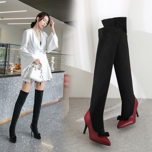 Women Pointed Toe Bow Tie High Heel Tall Boots