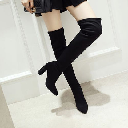 Women Pointed Toe Velvet High Heel Thigh High Boots