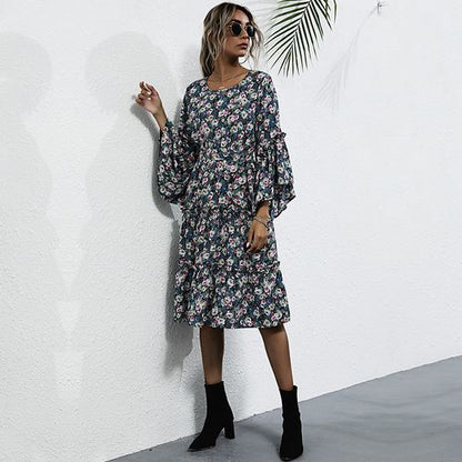 Women Chiffon Floral Round Neck Long Sleeved Dress