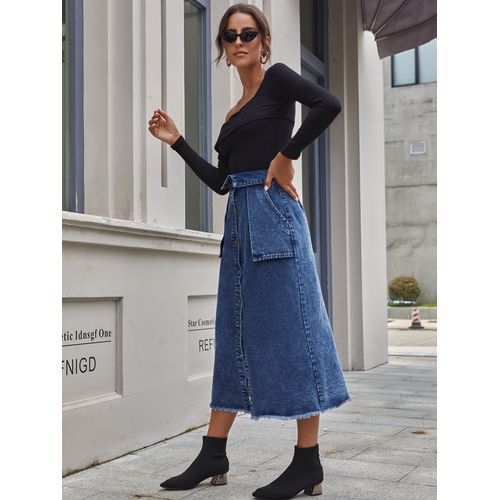 Ins Fashion Button Design Pocket Denim Long Women Skirts