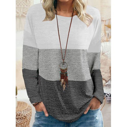 Womens Round Neck Pullover Color Contrast Top T-shirt