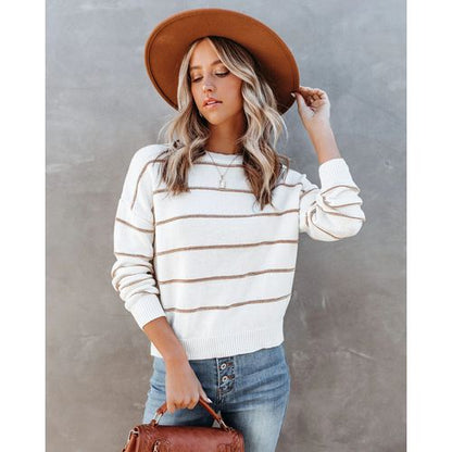 Womens Round Neck Stripe Long Sleeve Pullover Sweater