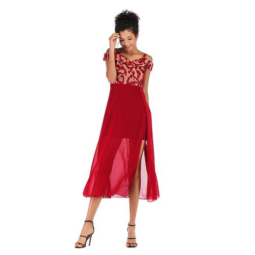 Off Shoulder Split Joint Split Chiffon Women Dresses