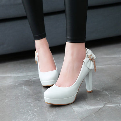 Women Chunky Heel Pumps Bow High Heels Platform Shoes 8056