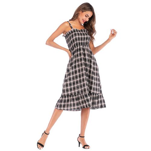 Causual Plaid High Waist Lotus Leaf Side Sling Skirt Women Dresses