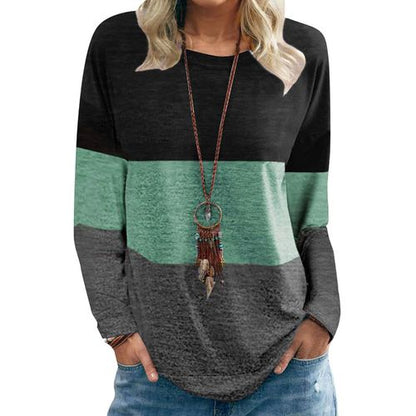 Womens Round Neck Pullover Color Contrast Top T-shirt