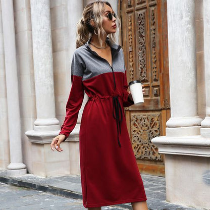 Women Color Contrast Long Sleeved Mid-length Dress