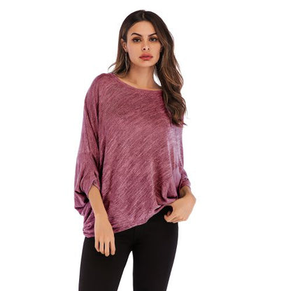 Solid-colored Bat-sleeve Casual  Spring Loose Round Collar Top Women T Shirts