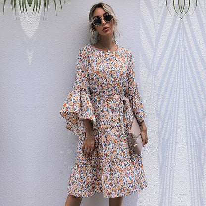 Women Chiffon Floral Round Neck Long Sleeved Dress