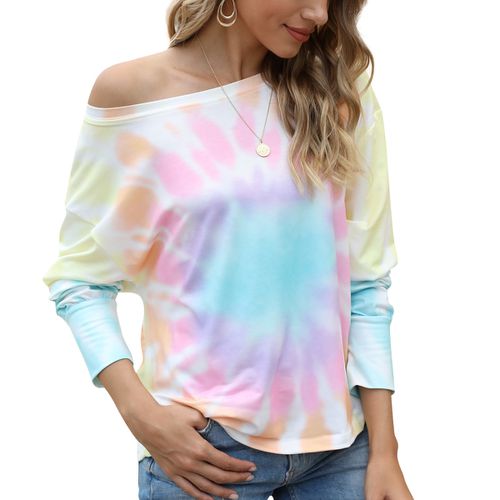 Women Tie-dye Gradient Off-the-shoulder T-shirt Long Sleeved Top