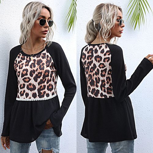 Womens Leopard Print Stitching Medium and Long T-shirt  Bottoming Shirt