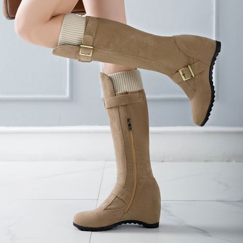 Women Buckle Wedge Heels Knee High Boots