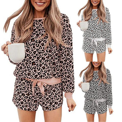 Women Velvet Leopard Print Long-sleeved Tops Shorts Home 2pcs Suit