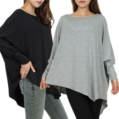 Solid Bat Sleeve  Autumn Dress Loose Large Size Irregular Round Collar Top Women T Shirts