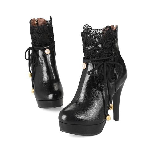 Pointed Toe Lace Women High Heels Platform Short Boots