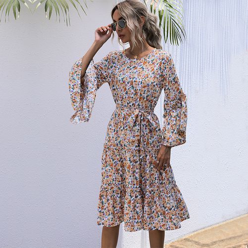 Women Chiffon Floral Round Neck Long Sleeved Dress