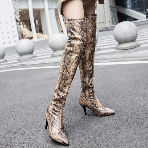 Women Pointed Toe Snake Pattern High Heel Tall Boots