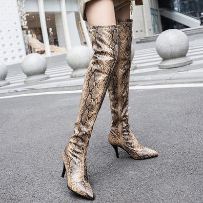 Women Pointed Toe Snake Pattern High Heel Tall Boots