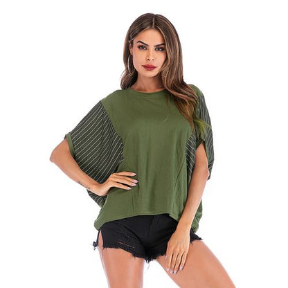 Summer Bat Sleeve Stitching Striped Round Neck Loose Top Women T Shirts