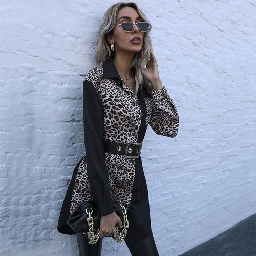 Women Leopard Print Stitching Mid-length Shirt Long Sleeve Blouse