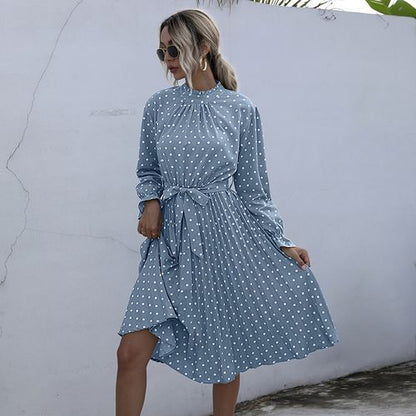 Women Lotus Leaf Sleeve Polka-dot Long Sleeved Dress