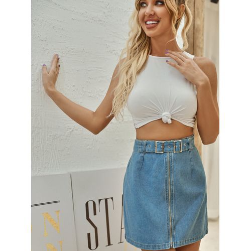 Retro High Waist All-matched Belt Design Short Denim Washable Women Skirts