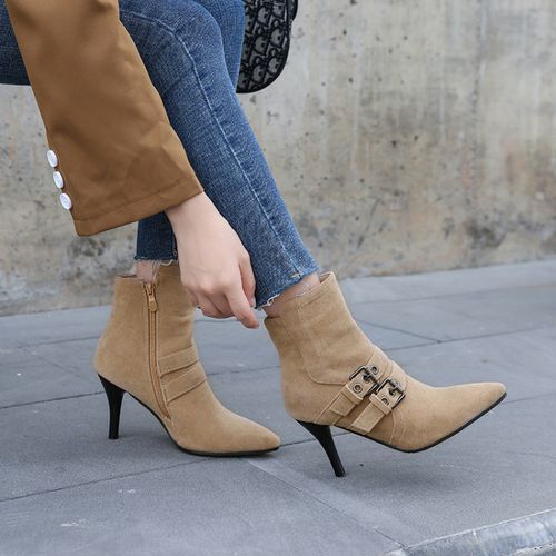 Pointed Toe Buckle Women's High Heeled Ankle Boots