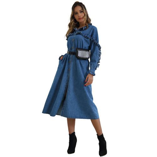 Fashion Winter Fall Flounce Long Sleeves Dip Hem Slit Long Denim Women's Dresses