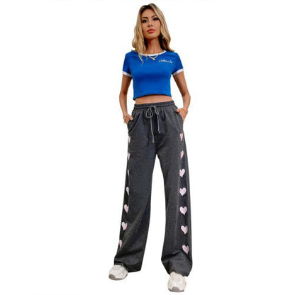 Womens Love-shaped Printed Drawstring Sports Pants