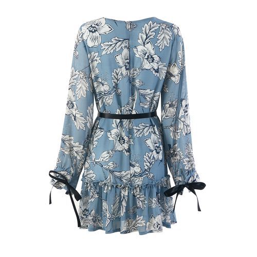 Chiffon Print Round Collar Lantern Sleeve Long Sleeves Beam Waist Print Women's Dresses